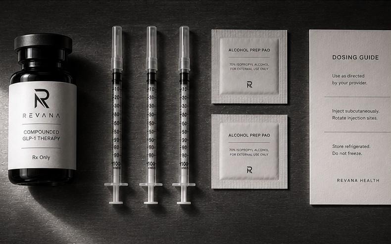 Revana GLP-1 kit — vial, syringes, prep pads, and dosing guide