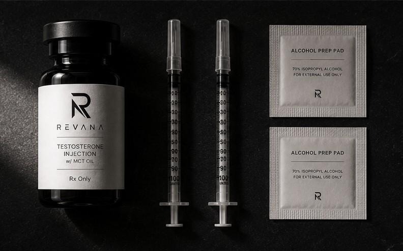 Revana TRT kit — vial, syringes, and prep pads
