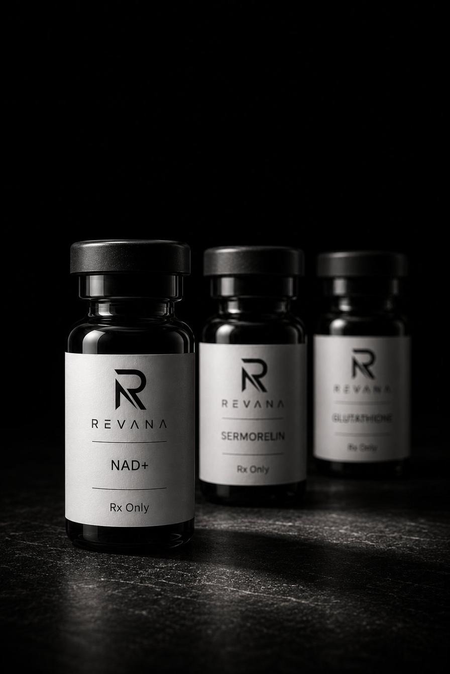 Revana longevity compounds — NAD+, Sermorelin, and Glutathione vials
